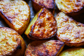 Baked potato pieces close-up. Background with rustic potato texture.