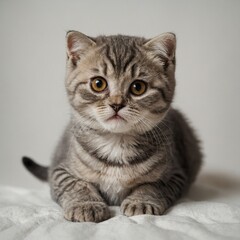 Obraz premium A Scottish Fold kitten with round eyes sitting calmly on white.