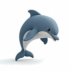 Fototapeta premium A cartoon style illustration of a blue dolphin leaping out of the water on a white background