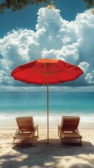 Beach view with red umbrella and chairs under a cloudy sky. Serene ocean backdrop