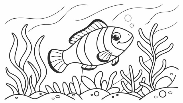 kids coloring page, a colorful fish swimming among seaweed, cartoonish, friendly, thick outlines
