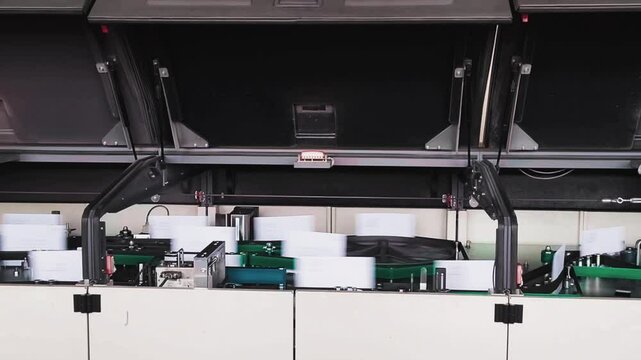 Automated Letter Sorting Machine at Post Office and Distribution Center. Close Up. 4K Resolution