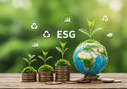 An image showcasing esg principles represented by the earth, plants, and coins in a natural setting.