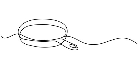 one continuous line drawing of big pan isolated on white background. cooking and kitchen concept, Continuous one line drawing of big pan.                                                      
