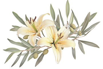 Elegant floral arrangement with delicate cream lilies and olive leaves, creating a serene botanical display against a transparent background