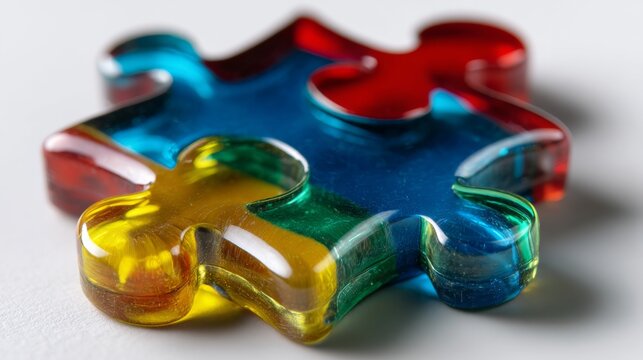 Interlocking clear Autism Puzzle Piece shapes with vibrant color fills, representing the interconnectedness and multifaceted nature of autism awareness.
