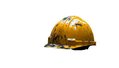 Yellow hard hat on a gritty, dark industrial site, symbolizing labor, construction work, or workplace safety, concept for the International Day for Mine Awareness and Assistance in Mine Action