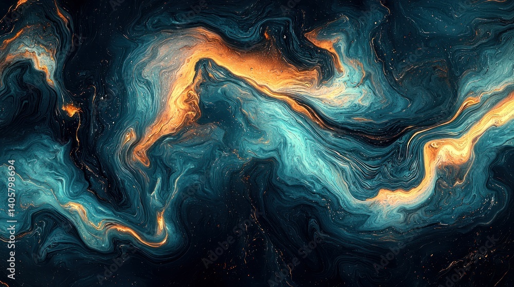 Poster abstract swirling textures of deep blues, golds, and blacks. intricate flowing patterns create a mes