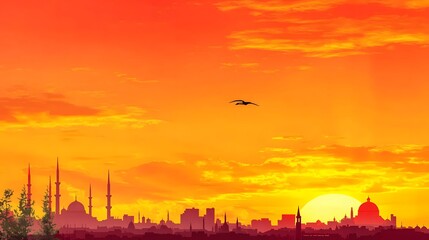 Naklejka premium Vibrant Sunset Over a Silhouette City Skyline with Airplane in the Sky and Warm Colors