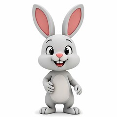 Obraz premium A cartoon bunny standing with a smile on a white background with pink ears and cute features