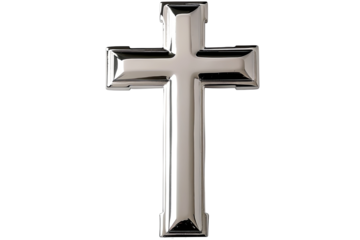 Shiny metallic religious symbol, polished in silver, placed against a transparent background. Simple yet striking in design