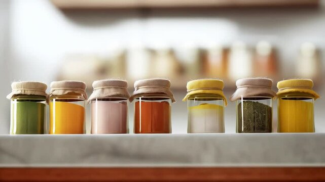 Colorful spices filling glass jars arranged neatly on wooden kitchen counter, showcasing culinary organization