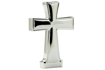 Polished metal cross stands on a solid transparent background, reflecting light and displaying a simple, elegant Christian symbol
