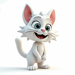 Obraz premium A cartoon white cat standing with a happy expression on a white background in a studio shot