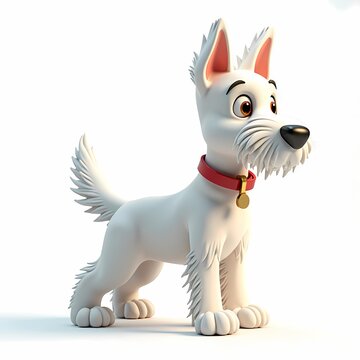 A cartoon white dog with a red collar and a gold tag standing on a white surface looking right