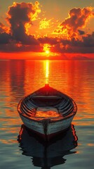Fototapeta premium Rowboat floats upon calm water, reflecting fiery sunset with orange sky and clouds