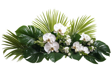 Lush floral arrangement with vibrant green leaves and delicate white orchids, creating a harmonious and elegant display on transparent background