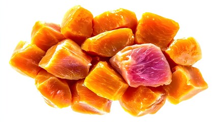 Freshly Diced Yellow and Pink Tuna Cubes Ready for Sushi Preparation on a White Background