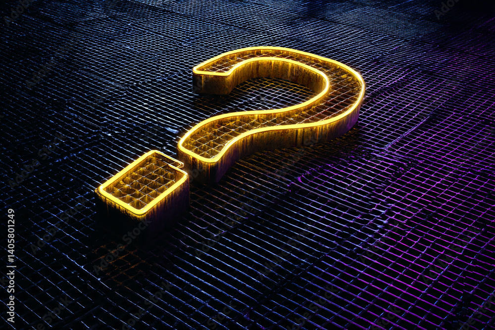 Aufkleber Illuminated golden question mark on dark grid surface, creating a mysterious and intriguing visual, symbolic of inquiry, uncertainty, and problem-solving