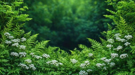 Lush ferns and tiny white flowers frame a dense, out-of-focus verdant background