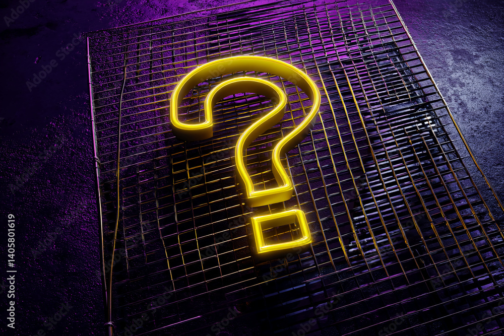 Poster Yellow neon question mark on dark purple grid, creating a mysterious and inquisitive mood, suitable for websites or design projects needing an enigmatic visual
