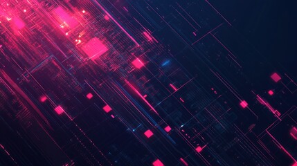 Abstract digital circuit board design, glowing with vibrant pink and red hues, showcasing interconnected pathways and intricate network structures