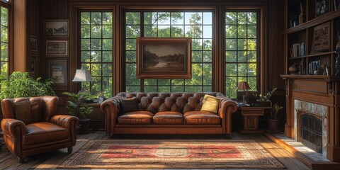 Elegant interior with a tufted leather couch, natural light, and classic decor creates a cozy atmosphere