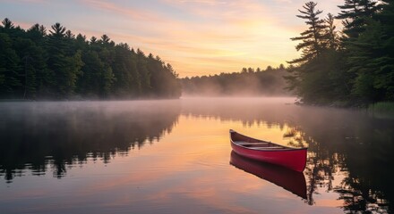 Obraz premium Red canoe on a misty lake at sunrise with reflections and serene forest backdrop 