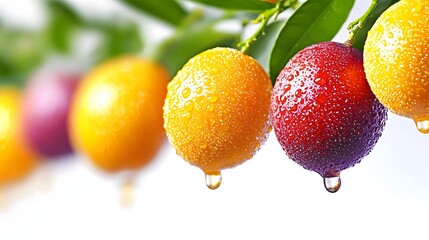 Close Up View of Colorful Fresh Fruits with Water Droplets Hanging from Green Leaves