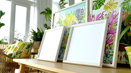 Cozy Interior Featuring Blank Canvases and Lush Green Plants in a Bright Living Room