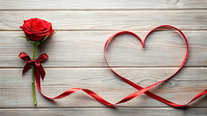 A single red rose with a ribbon bow forms a heart shape on a rustic wooden background, symbolizing love and romance.