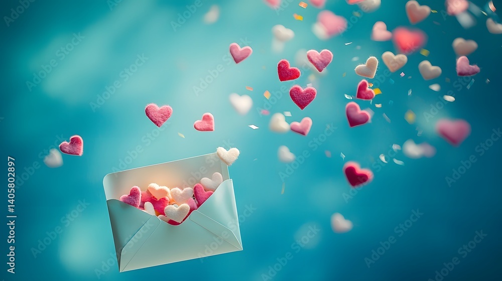 Poster vibrant hearts in various shades of pink red and white floating out of an open envelope against a so