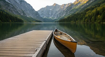Colorful canoe tied to wooden dock on tranquil lake surrounded by mountains, scenic nature view
