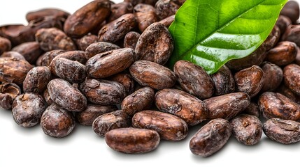 Obraz premium Close-Up of Freshly Roasted Coffee Beans with Green Leaf on White Background