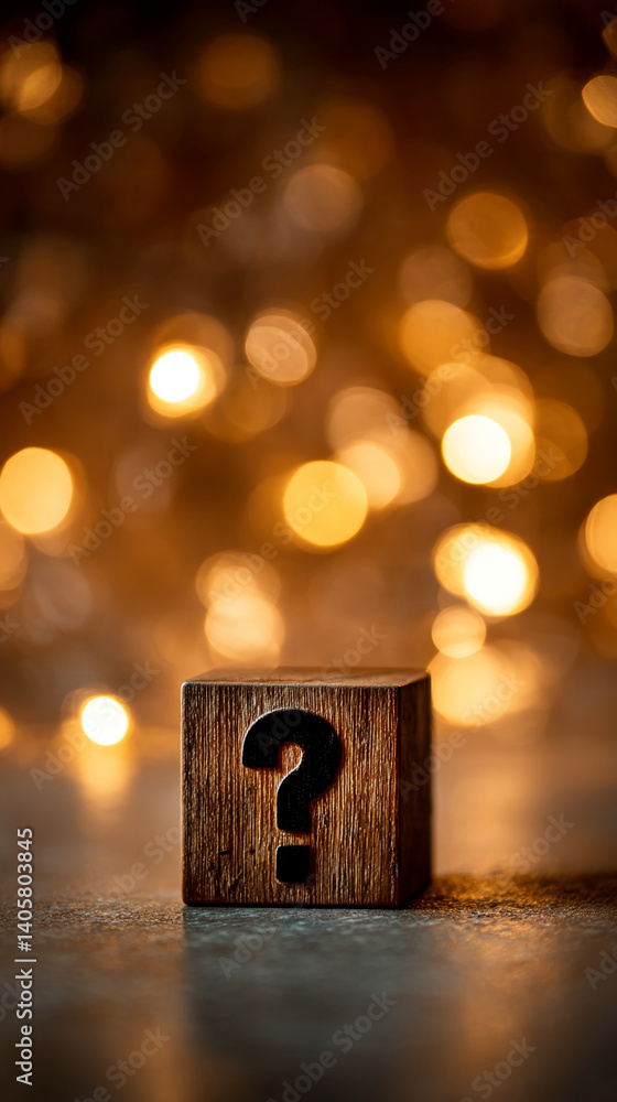 Poster wooden cube with question mark, bokeh lights background, symbolizes uncertainty, inquiry, or problem