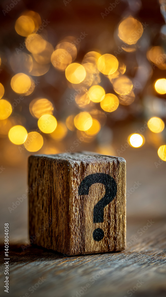 Poster wooden cube with question mark, on rustic surface, bokeh background of warm lights, symbolizing myst