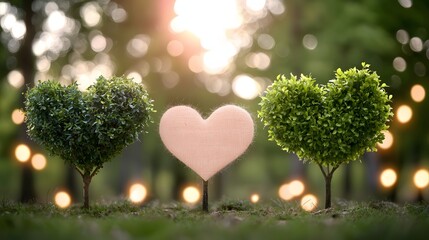Three Heart Shaped Trees in a Sunlit Garden Symbolizing Love and Nature's Embrace