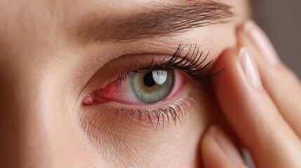 Close-up of red, irritated eye showing pain. Eye pain