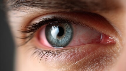 Fototapeta premium Close-up of red, irritated eye showing pain. Eye pain