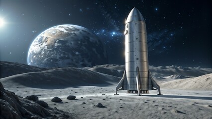 Naklejka premium Rocket on Moon's Surface with Earth in Background 