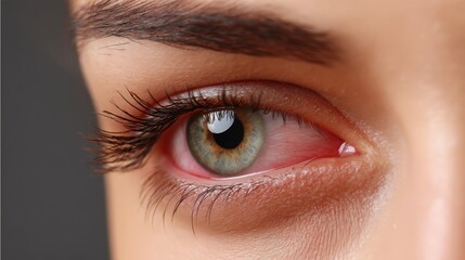 Obraz premium Close-up of red, irritated eye showing pain. Eye pain