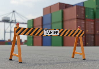 A wooden barrier, labeled 'tariff,' blocks the view of stacked shipping containers at the port.