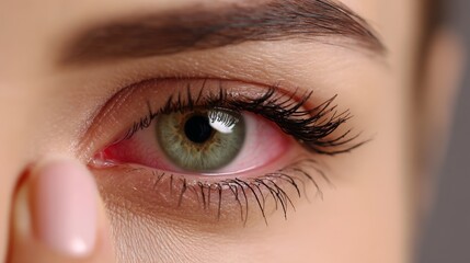 Obraz premium Close-up of red, irritated eye showing pain. Eye pain