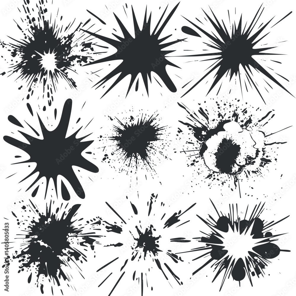Poster a collection of dynamic black ink splashes and bursts with various shapes and sizes.