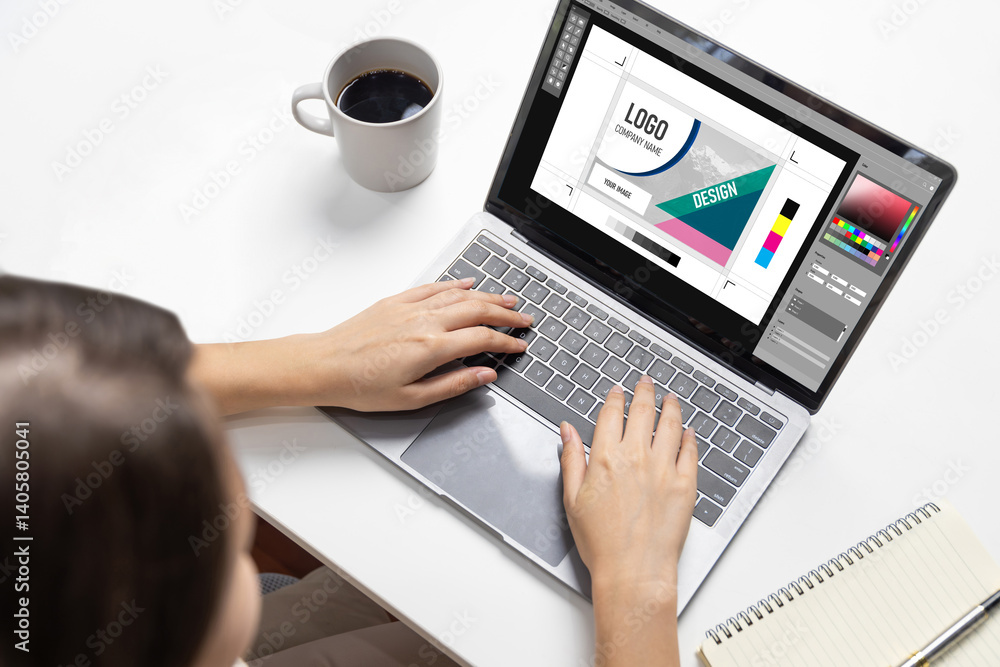 Poster graphic designer software for modern design of web page and commercial brisk ads showing on the comp