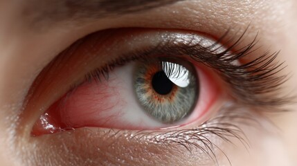Close-up of red, irritated eye showing pain. Eye pain