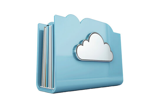 A glossy, light blue folder with a silver cloud sits against a transparent background, symbolizing file storage or cloud computing