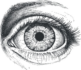 Obraz premium A detailed sketch of a human eye showcasing the iris and pupil in black and white.