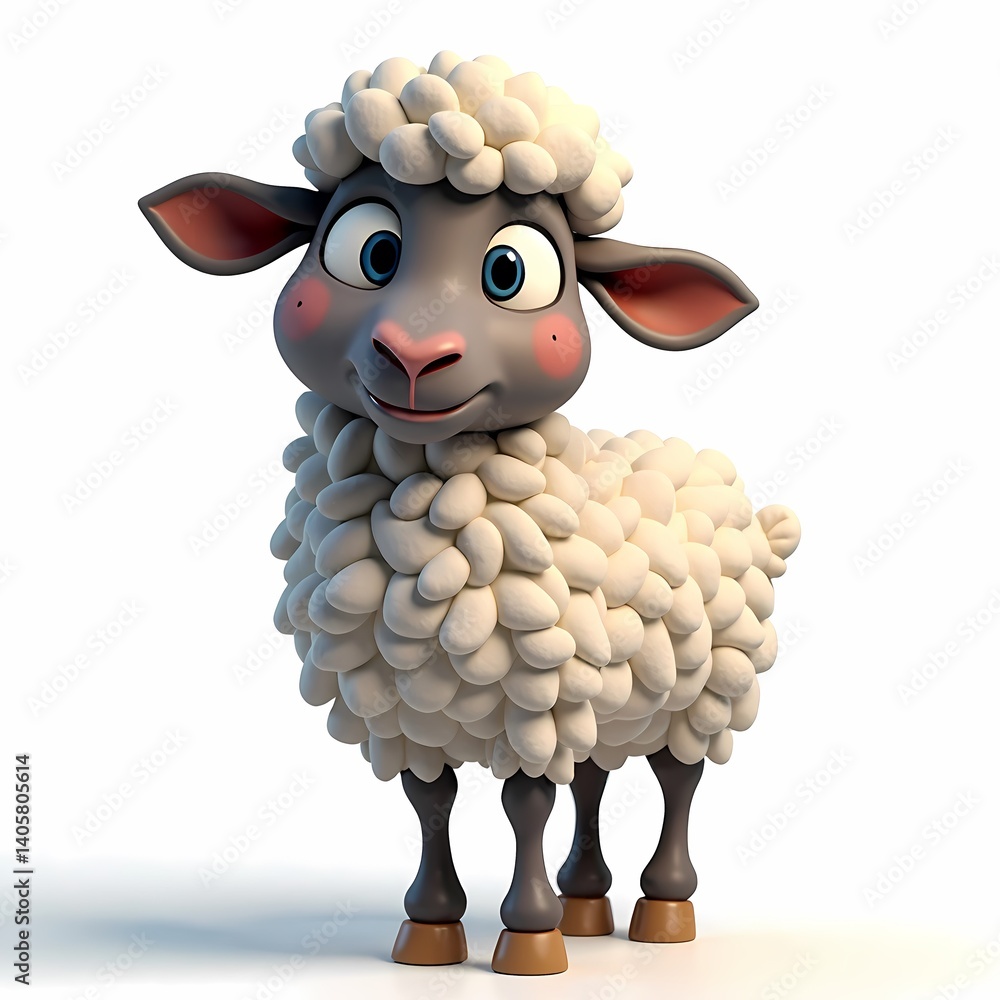 Poster a cartoon sheep with white wool and a gray face standing on a white background looking forward