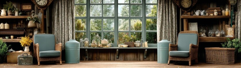 Obraz premium Floral curtains, wicker chairs, vintage enamelware tea set, rustic wooden shelves, antique clock - tea set cozy enamelware decor living room